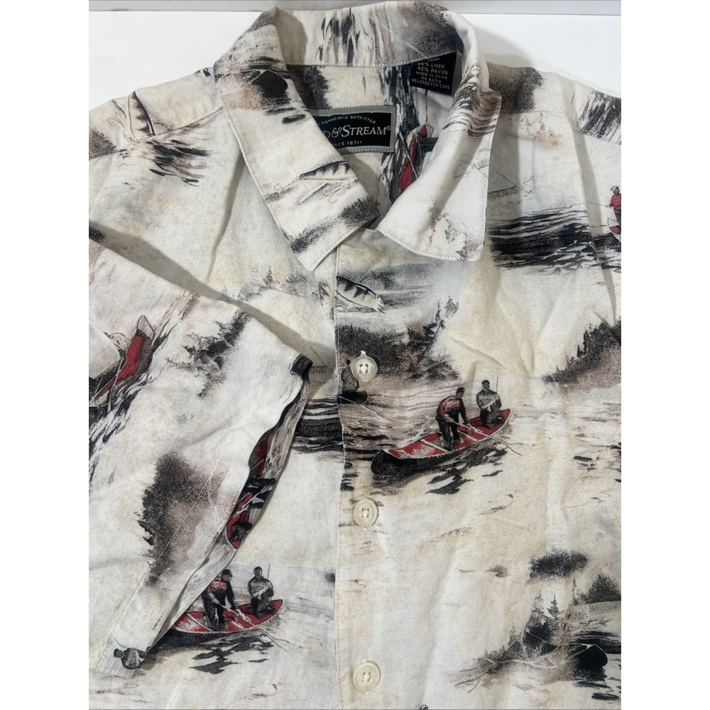 VTG Field & Stream Fishing Boat Lake Short Sleeve Button Up Shirt Mens XL Linen